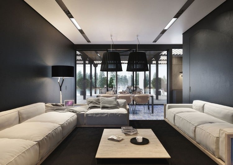 Wohnzimmer-Grau-Pendelleuchten-Sofa-Set-modern