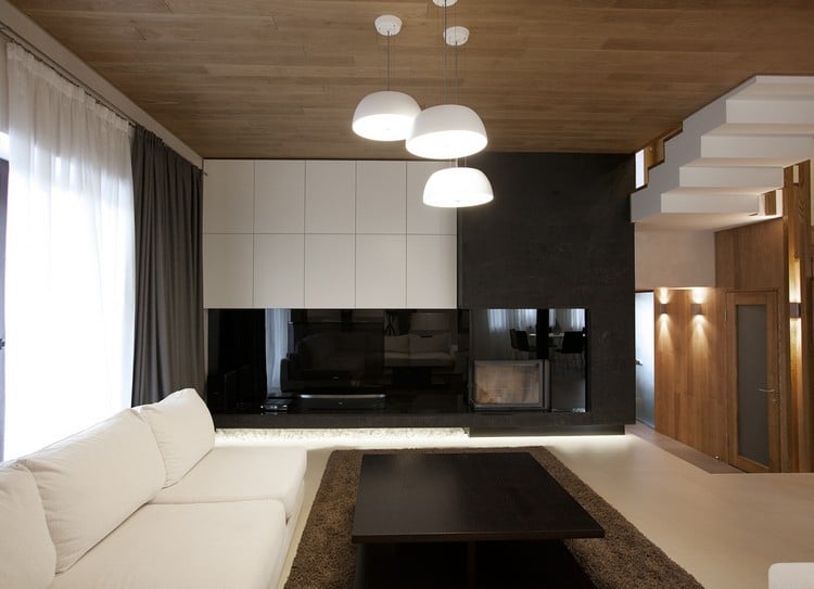 Wohnzimmer-Grau-Schwarz-Hochglanz-Wohnwand-Braun-Teppich-Ideen