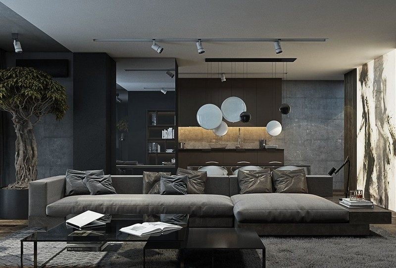 Wohnzimmer in Grau -Schwarz-gestalten-Ideen-modern