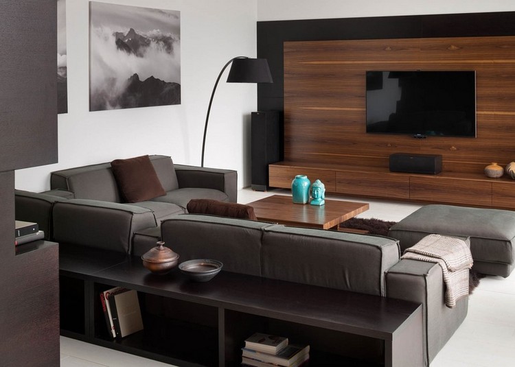 Wohnzimmer-Grau-Wohnwand-Holz-modern-gestalten