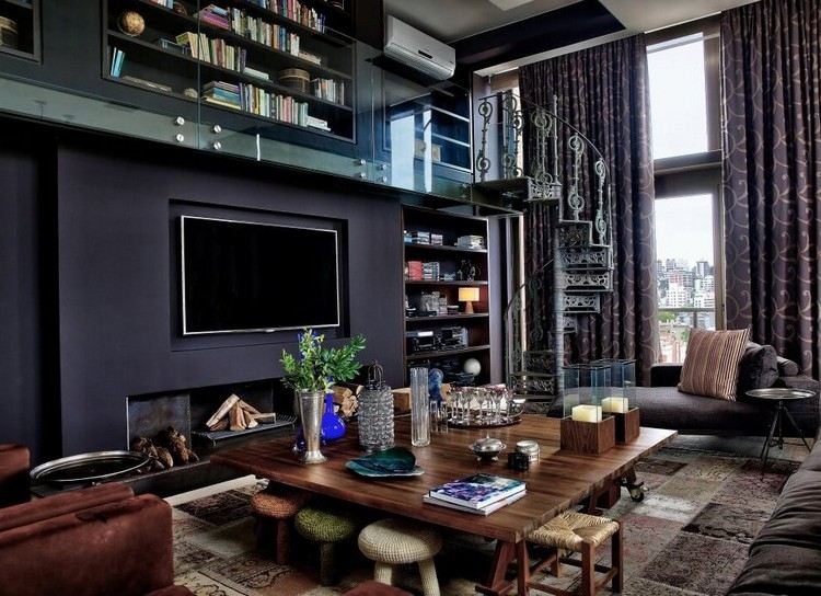 Wohnzimmer-Grau-Wohnwand-lila-vintage-Einrichtungsidee-hohe-Decke