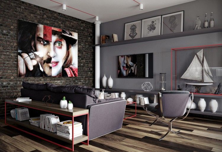 Wohnzimmer-Grau-Ziegelwand-modern-rote-Farbakzente-Ideen