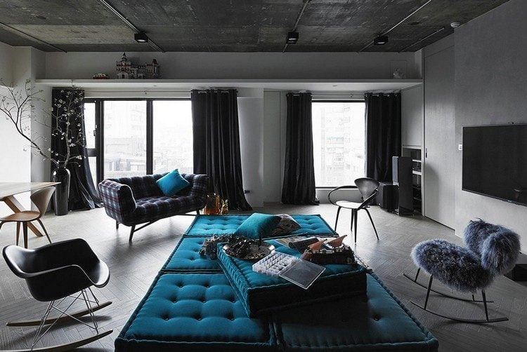 Wohnzimmer-Grau-dunkelblau-Sofa-Set-vintage-Moebel