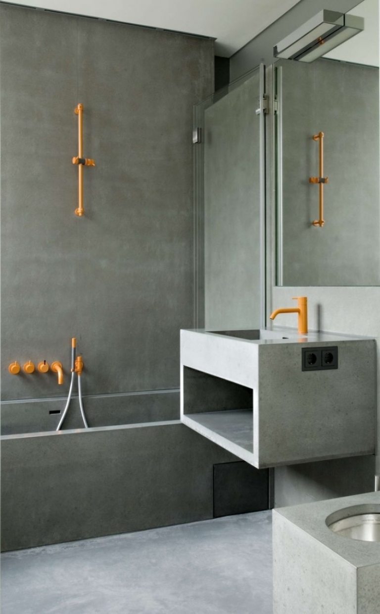 beton-design-modern-badezimmer-armatur-holz-interessant-waschbecken-badewanne-sichtbeton