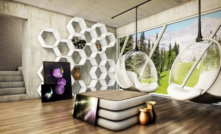 beton-design-modern-futuristisch-raum-bubble-chair-deko-modular-wandregal-grosse-fensterfronten