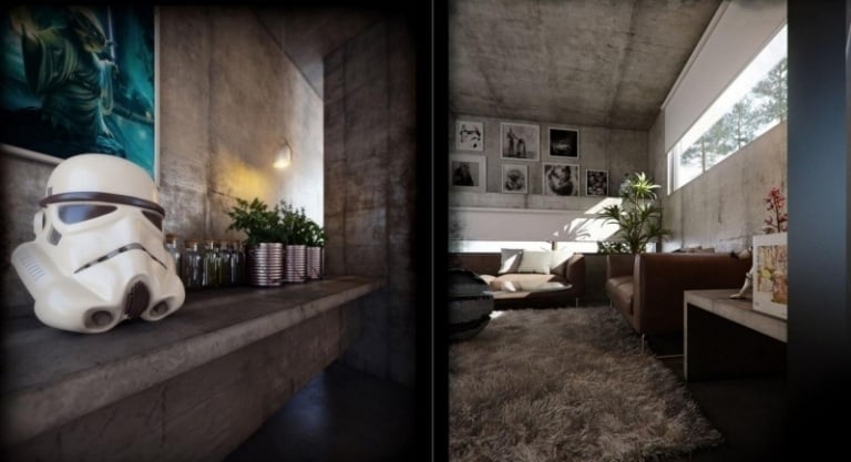 beton-design-modern-offen-akzente-deko-regal-sichtbeton-couch-leder-braun