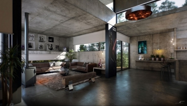 beton-design-modern-offen-raeume-wohnzimmer-kaminofen-kueche-deko-minimalistisch-leder