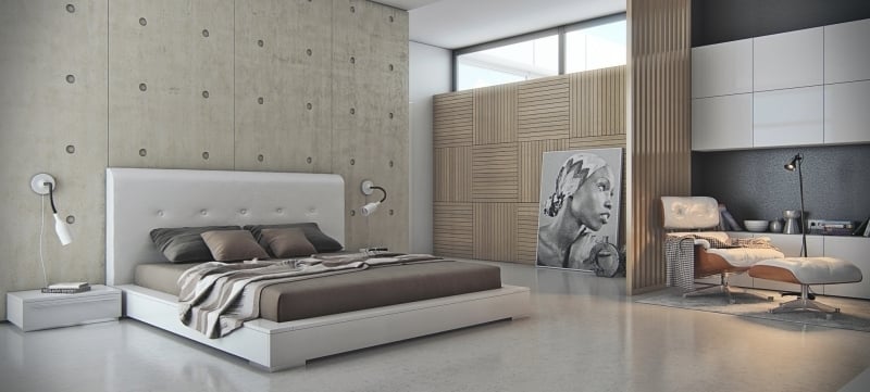 beton-design-modern-schlafzimmer-betonwand-paneele-wandverkleidung-bild-bett-sessel-offen