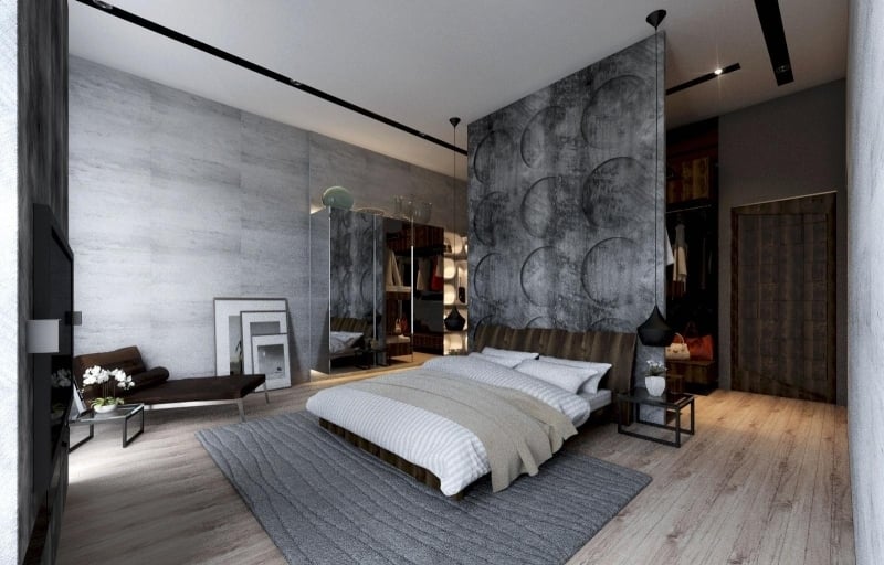 beton-design-modern-schlafzimmer-deko-bett-holzboden-liege-tagesbett-raumteiler