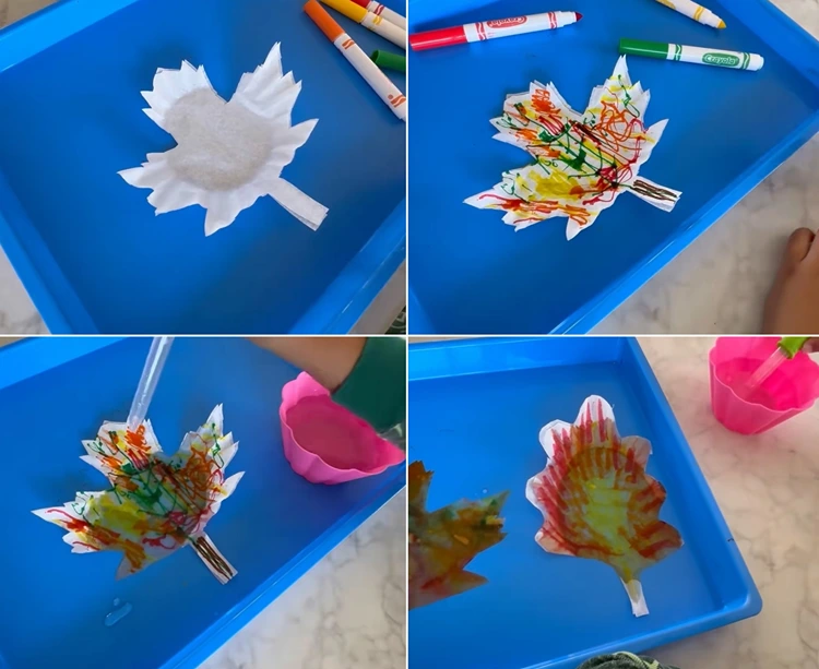 Fensterdeko für den Herbst mit Kaffeefilter - Blätter bemalen, befeuchten und trocknen lassen