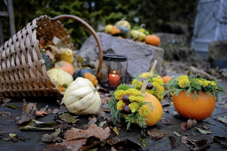 Herbstdeko mit Kürbissen -selber-machen-gestecke-kuerbisvase