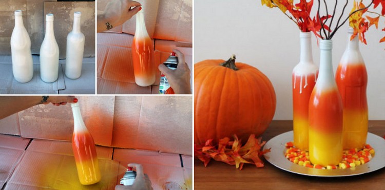 Herbstdeko selber machen weinflaschen-bespruhen-herbstfarben