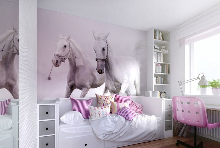 Kinderzimmer Wandgestaltung -ideen-fototapete-weisse-pferde-rosa-nuance-bett-stauraum