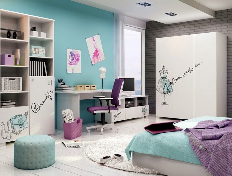 Kinderzimmer Wandgestaltung -ideen-maedchen-farbe-tuerkis-weisse-moebel-lila-akzenze