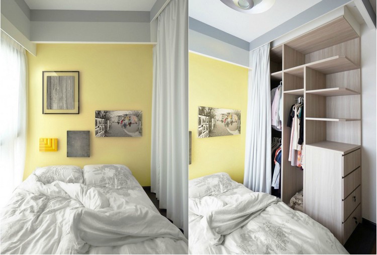 Kleine Räume farblich gestalten gelb-wandfarbe-schlafzimmer-kleiderschrank-gardinen