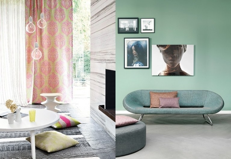 Moderne Polsterstoffe -vorhaenge-moebel-mintgruen-rosa-pastellfarben-interieur-deko-kissen