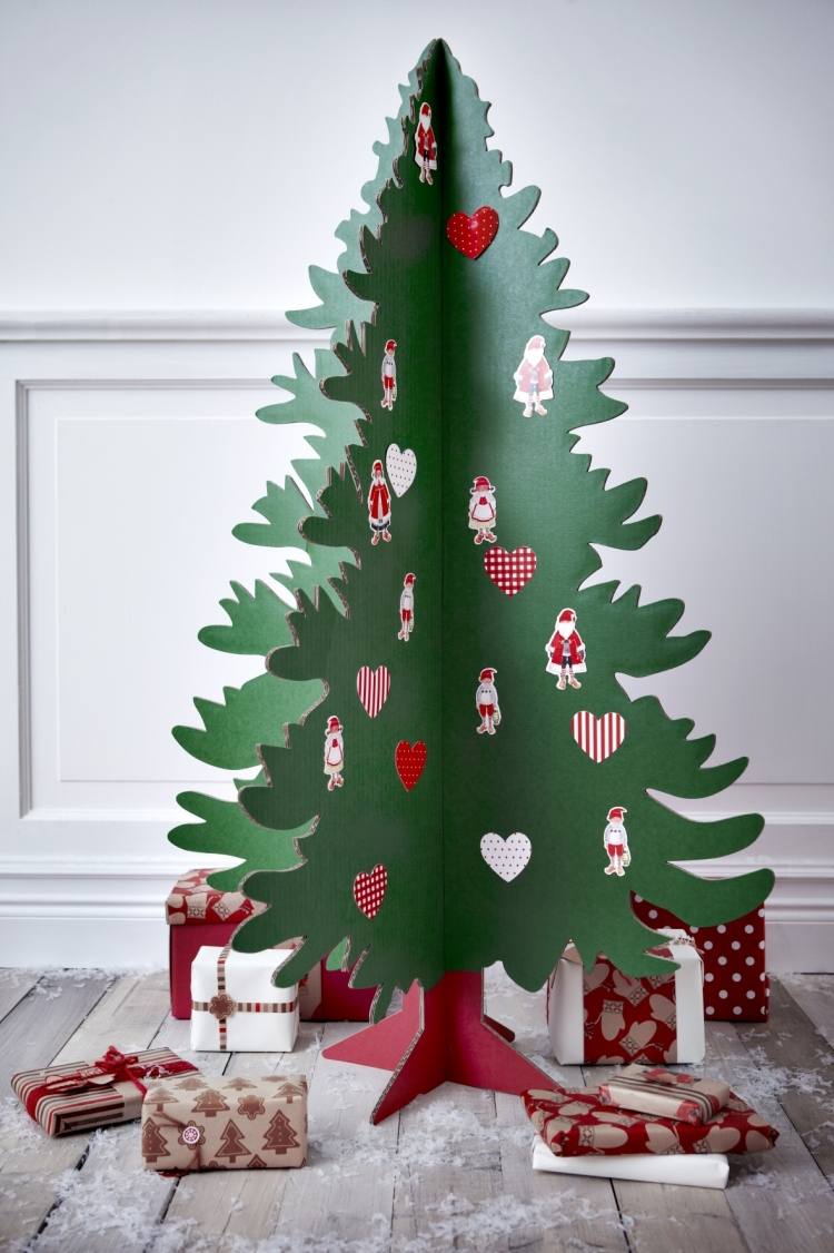 moderne-weihnachtsdeko-basteln-christbaum-oeko-pappe-karton-gruen-rot-kreativ-schoen
