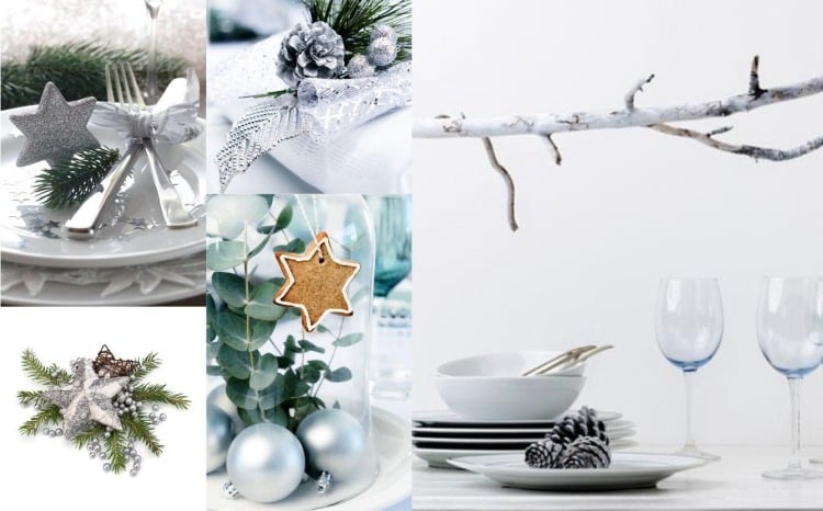 Tischdeko zu Weihnachten -silber-gruen-ast-zapfen-christbaumkugeln-sterne-glitzer-perlen