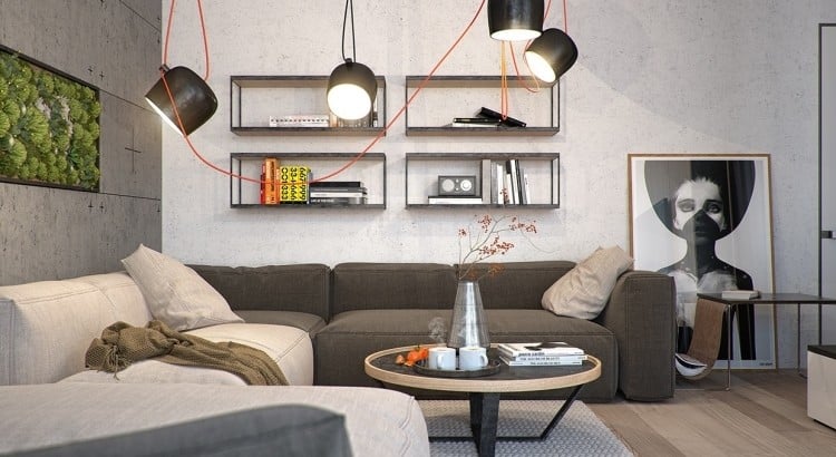 vertikaler-garten-wohnzimmer-industrial-stil-betonwaende-poster-strahler-couches-grau-anthrazit-wandregale