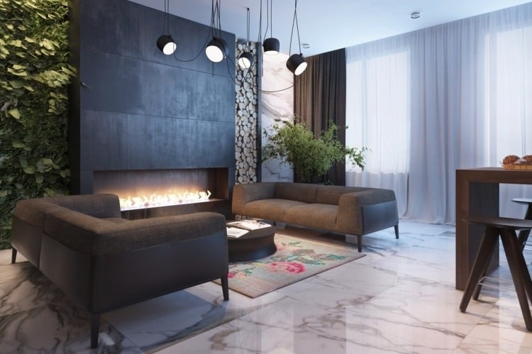 vertikaler-garten-wohnzimmer-industrial-stil-schwarz-marmorboden-seofas-teppich-farbig-strahler-kamin-bioethanol