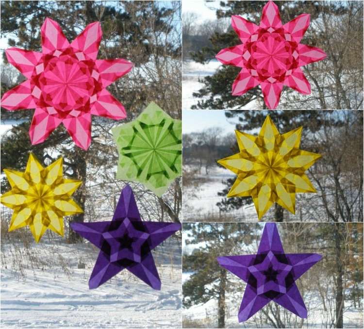 weihnachtsdeko-fenster-sterne-basteln-pink-gruen-gelb-lila