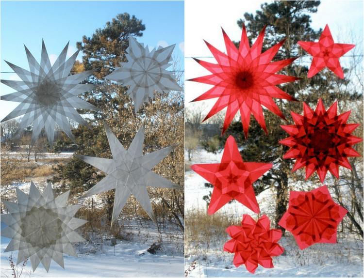 Weihnachtsdeko für Fenster Sterne basteln aus Transparentpapier rot weiß verschiedene muster