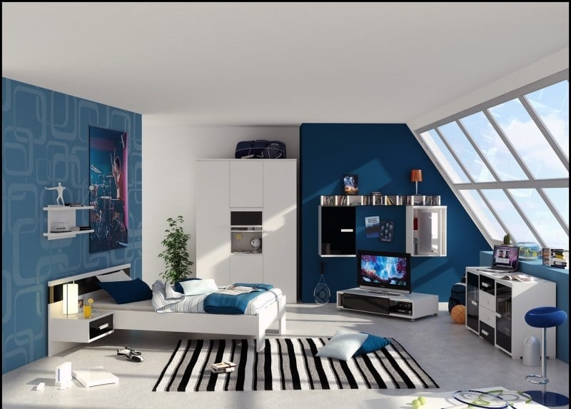 wohnen-blau-weiss-modern-jugendzimmer-teenager-licht-fenster-bett-chaotisch-kleiderschrank