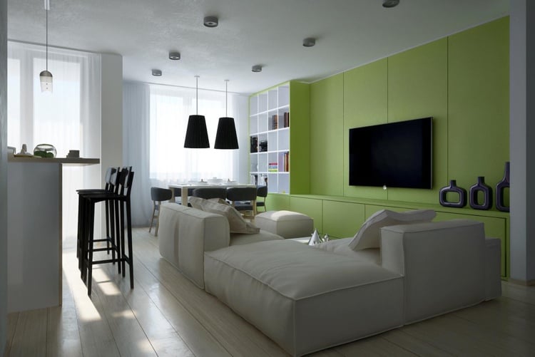 Apfelgrün Wandfarbe im Wohnzimmer in Creme und Nude nuancen Ideen für Kombinationen