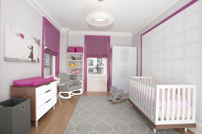 Babyzimmer-einrichten-Ideen-Maedchen-lila-Rollos-Wandgestaltung