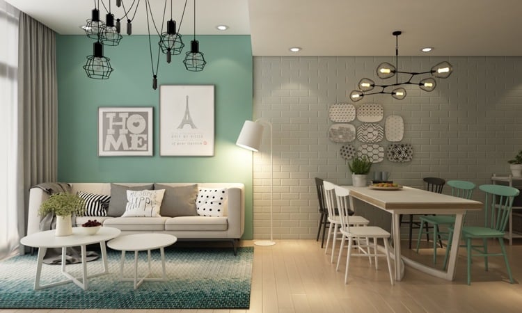 Helles Lindgrün Wandfarbe im Wohnzimmer und seine Wirkung zusammen mit Weiß und Grau