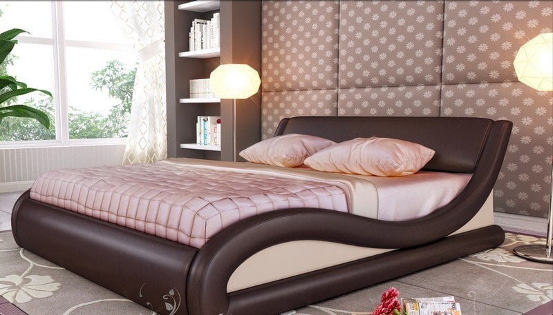 Lederbett-braun-creme-rosa-bettwaesche-taupe-schlafzimmer