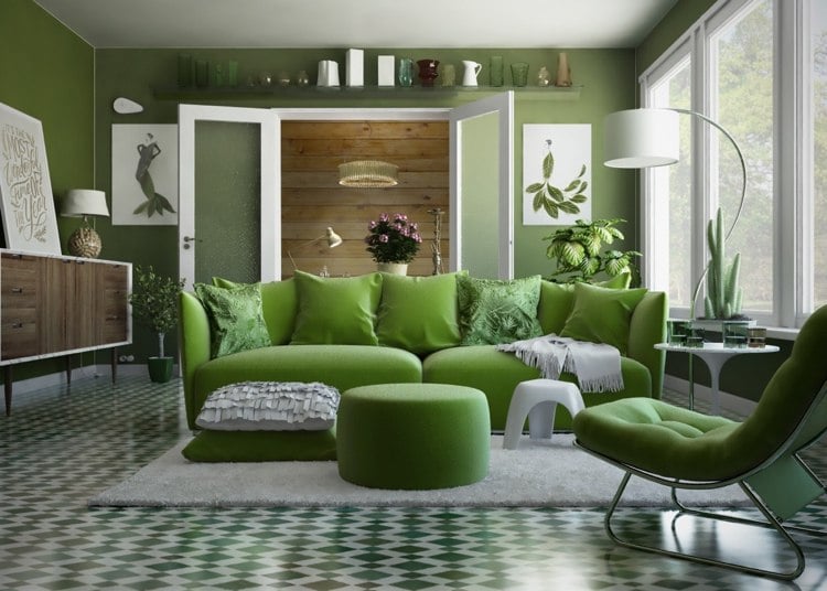 Lindgrün Wandfarbe für das Wohnzimmer im retro Stil