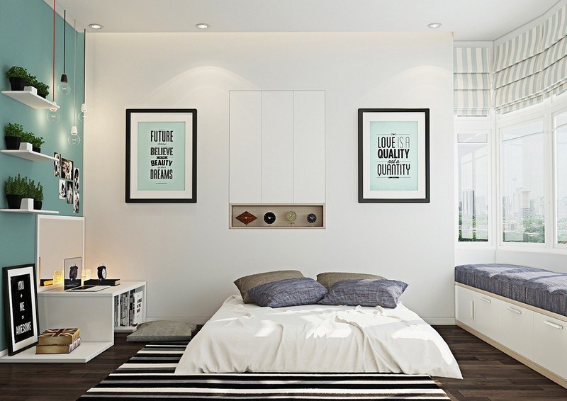 Schlafzimmer Ideen Weiss-Blau-kombinieren-Teppich-Streifen