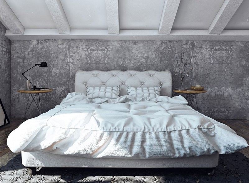 Schlafzimmer-Ideen-Weiss-Chesterfield-Kopfteil-Sichtbeton-Tapete-Holzbalken-Decke