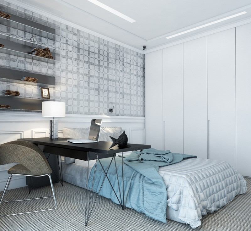 Schlafzimmer-Ideen-Weiss-Kleiderschrank-Tapeten-Holz-Wandpaneele