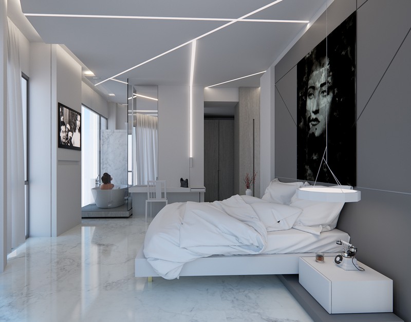 Schlafzimmer-Ideen-Weiss-LED-Beleuchtung-Marmorboden-LED-Dachbeleuchtung