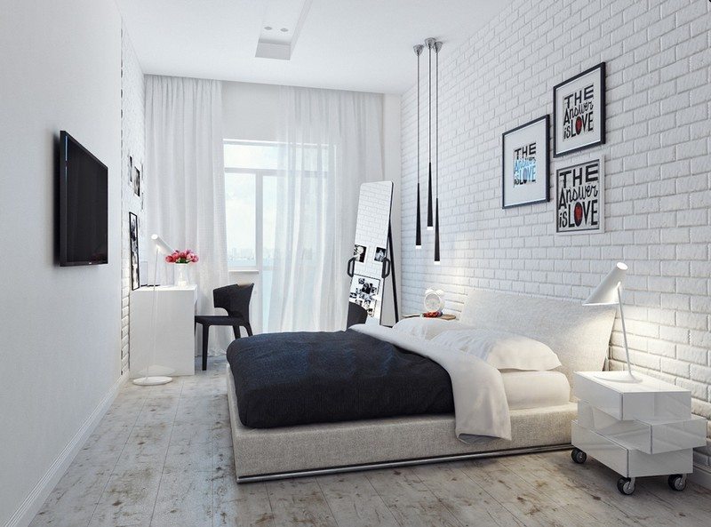 Schlafzimmer-Ideen-Weiss-Loft-Stil-Klinkerwand-Rollen-Nachttisch