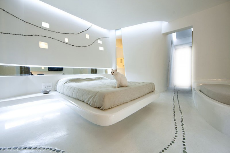 Schlafzimmer-Ideen-Weiss-Schwebebett-Betonboden