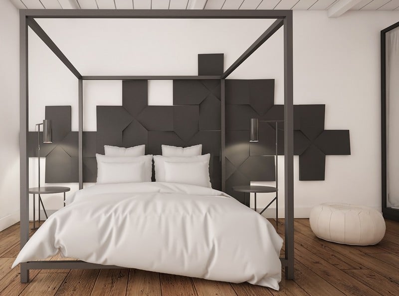 Schlafzimmer-Ideen-Weiss-Sitzhocker-schwarz-Betthimmel