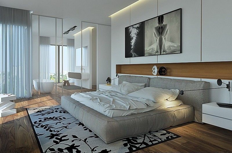 Schlafzimmer Ideen Weiss-Wand-Kleiderschrank-Dielenboden-Badezimmer