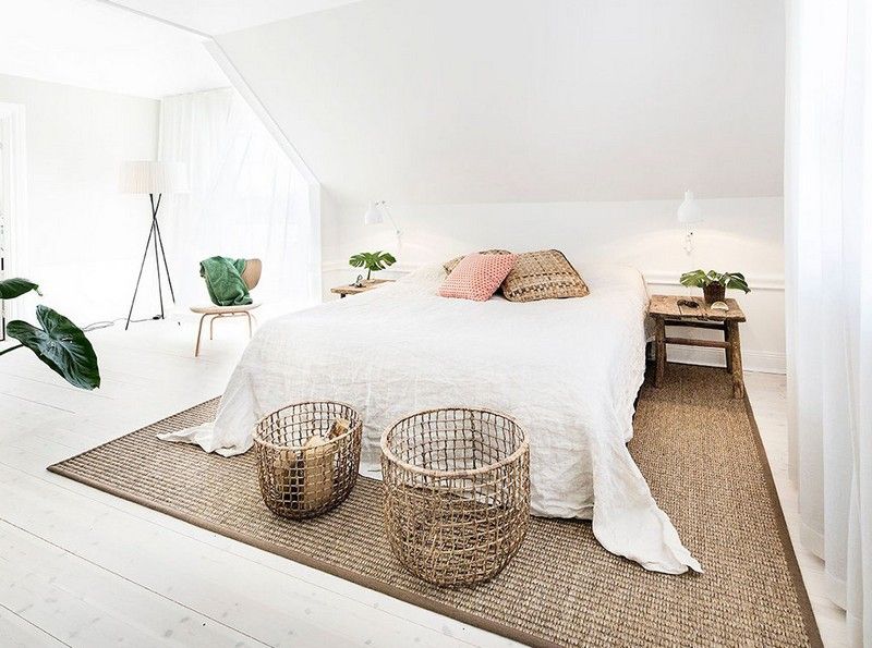 Schlafzimmer-Ideen-bohemian-Stil-Rattankorb-handgewebter-Teppich