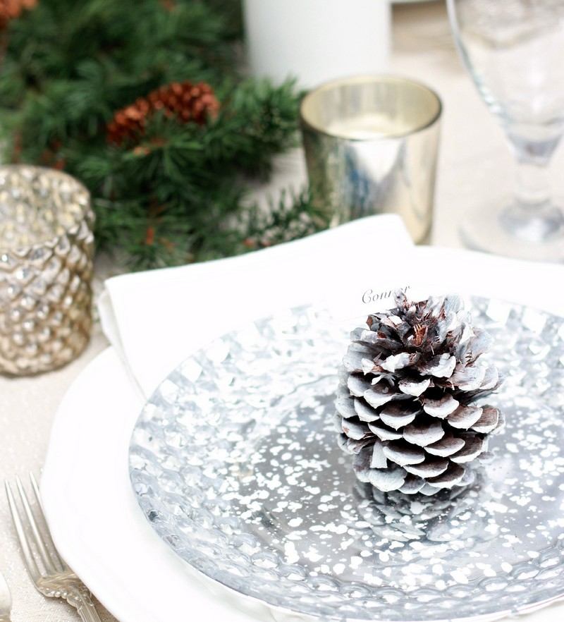 Tischdeko zu Weihnachten Tannenzapfen-Kunstschnee-bespruehen