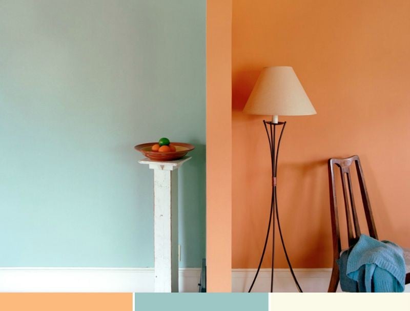 Wand-streichen-Minzgruen-Orange-Wohnzimmer-Wohnideen