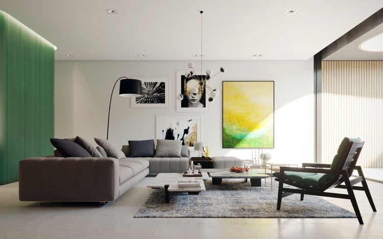 Wandfarbe Moosgrün im Wohnzimmer beleuchtete Akzentwand mit Creme und Weiß kombinieren