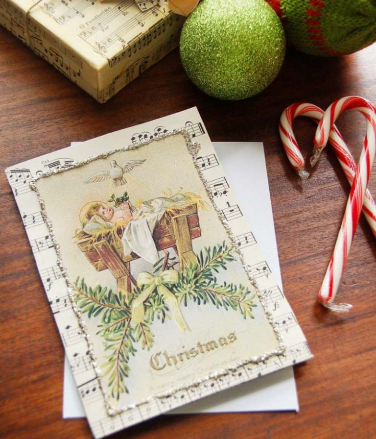 Weihnachtskarten-selber-basteln-Notenpapier-Engel-Ideen