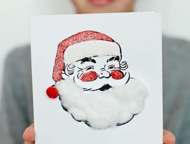 Weihnachtskarten-selber-basteln-Weihnachtsmann-Schnurrbart-Baumwolle