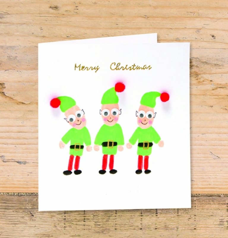 Weihnachtskarten-selber-basteln-originelle-Kindern-Zwerge-Fingerabdruecken-machen