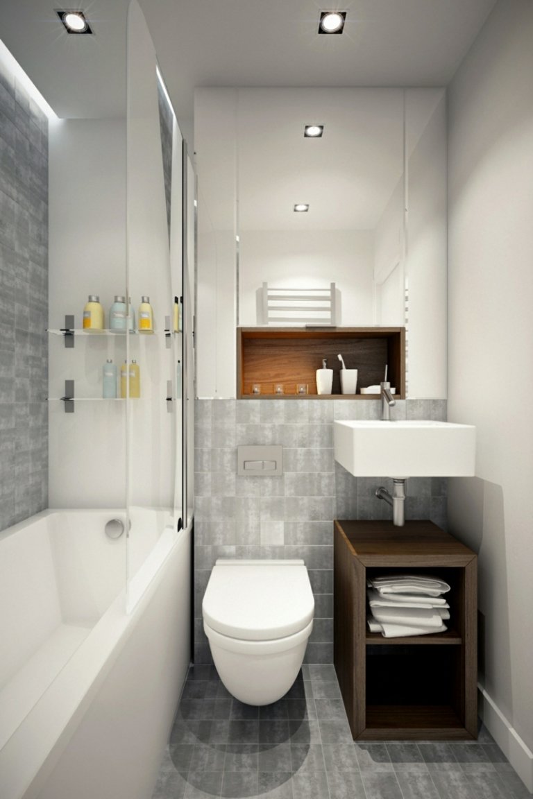 badezimmer kleines grau fliesen duschbadewanne modern waschbecken