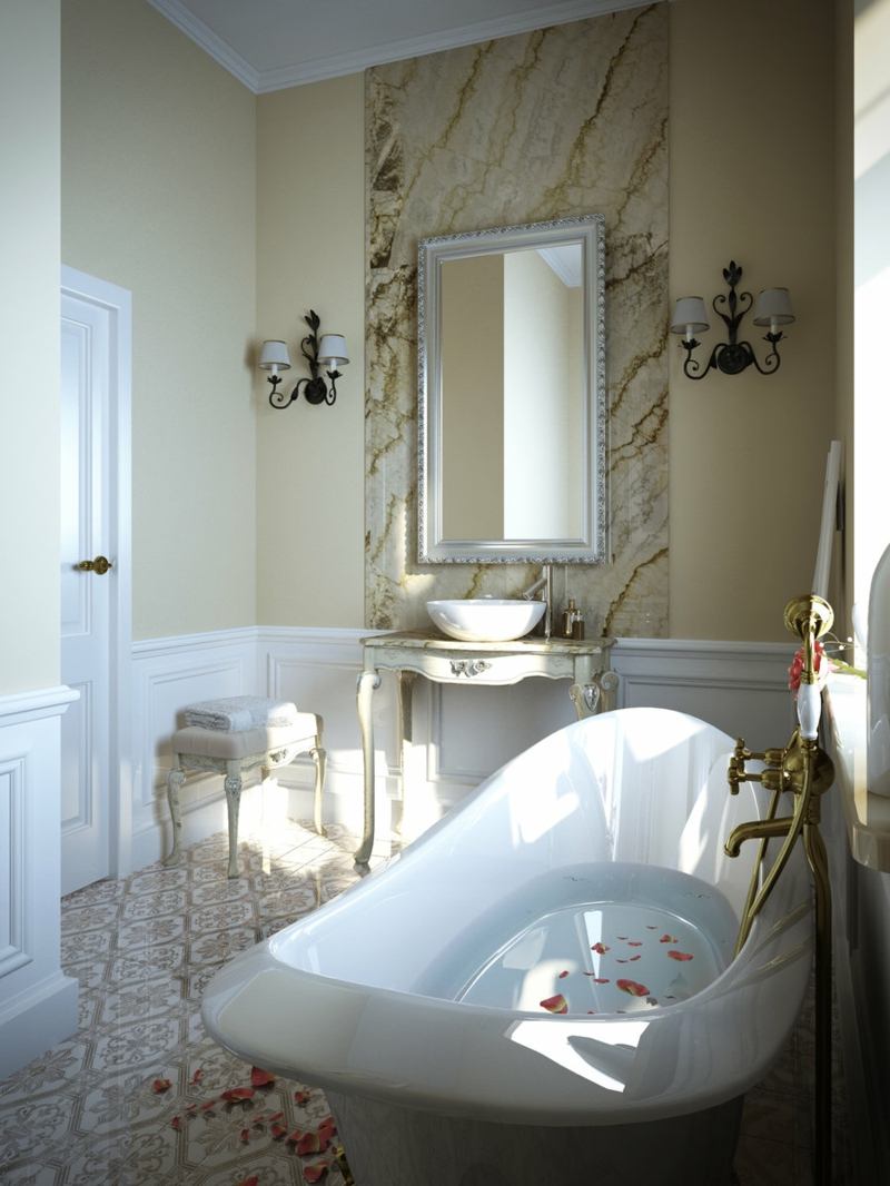 badezimmer kleines klassisch retro badewanne fliesen muster marmor wand