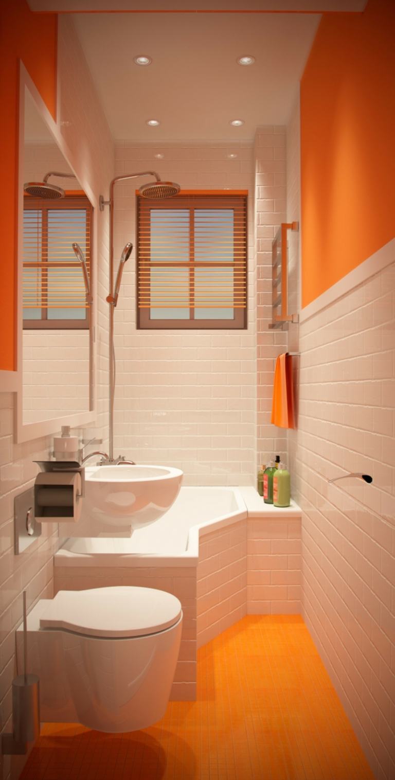 badezimmer kleines originelles badewannen design gebogen orange weiss fliesen kombination